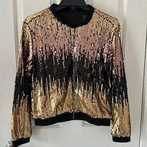 Womens Sequin Jacket Casual Long Sleeve Front Zip Party Bomber Blazer w Pockets